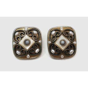 Michal Golan Ornate Freshwater Pearl Silver Tone Clip Earrings